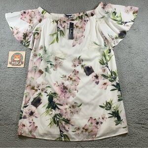 NWT‎ Lulus Off the Shoulder Mini Dress Women's White Short Sleeve Floral Size L